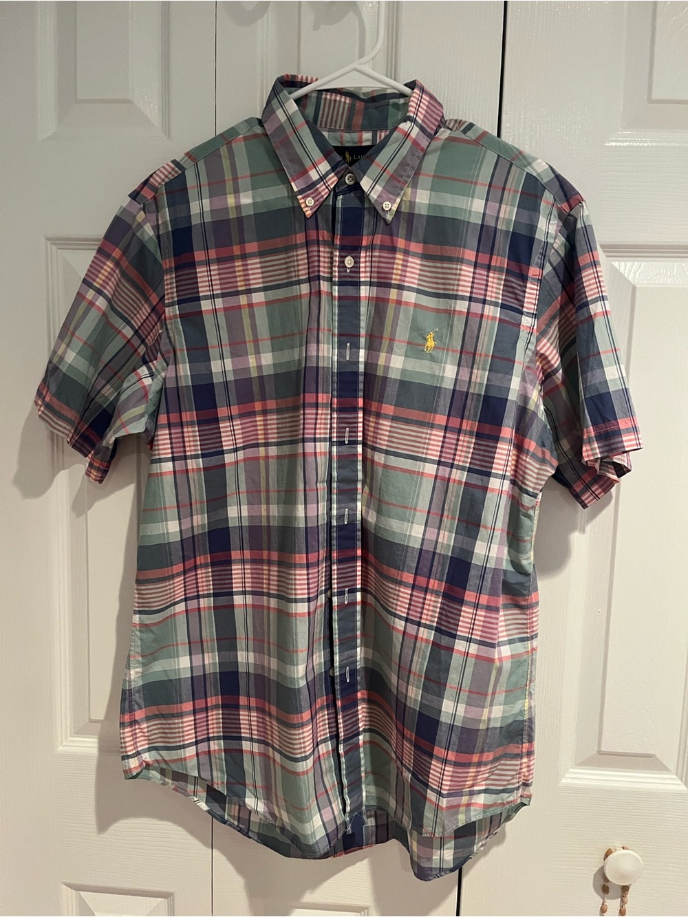 Ralph Lauren Men’s Short Sleeve Plaid Button-Down Shirt - Pink & Green
